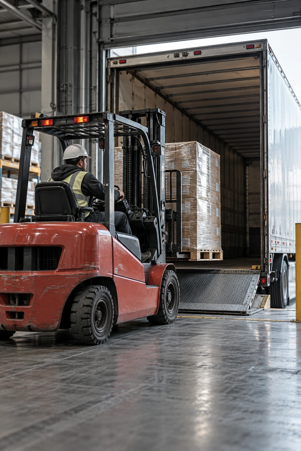 Montacargas cargando un pallet en un camión dentro de un almacén